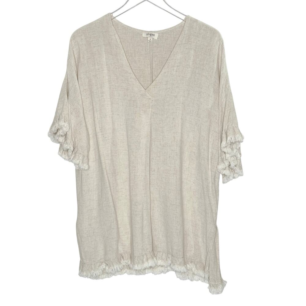 Umgee Double Ruffle Sleeve Linen Tunic Top M Oatmeal Frayed Hem Linen Cotton